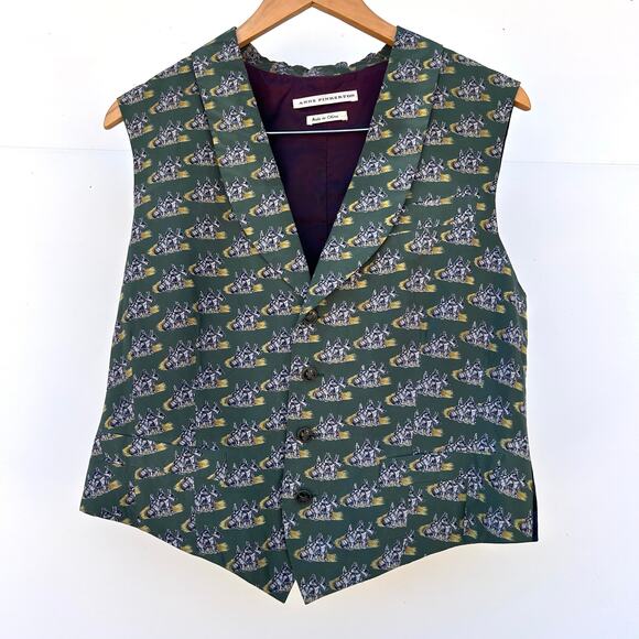 Vintage Anne Pinkerton Scottie Dog Novelty Print Vest Green Waistcoat Small Silk - Picture 2 of 12